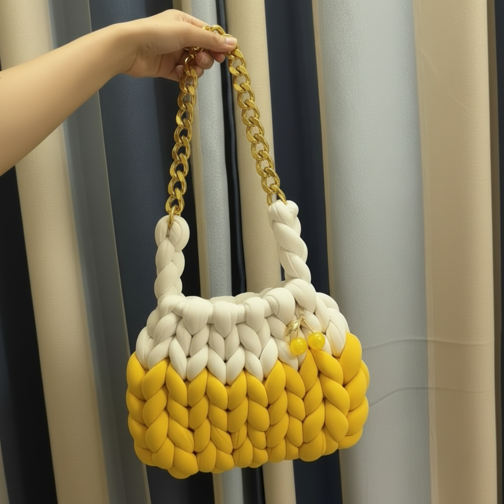 A chunky knit shoulder bag with a pink and black braided body, a thick pink braided handle, and a silver chain strap, held by a hand against a background of vertical fabric swatches.